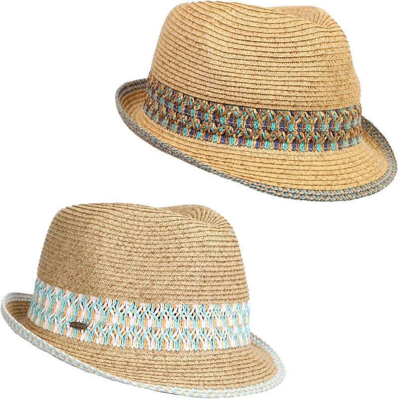 Funky Junque Women's Straw Fedora Sun Hat - UPF 50+ Protection, Short Brim, Stylish Woven Pattern - Image 1